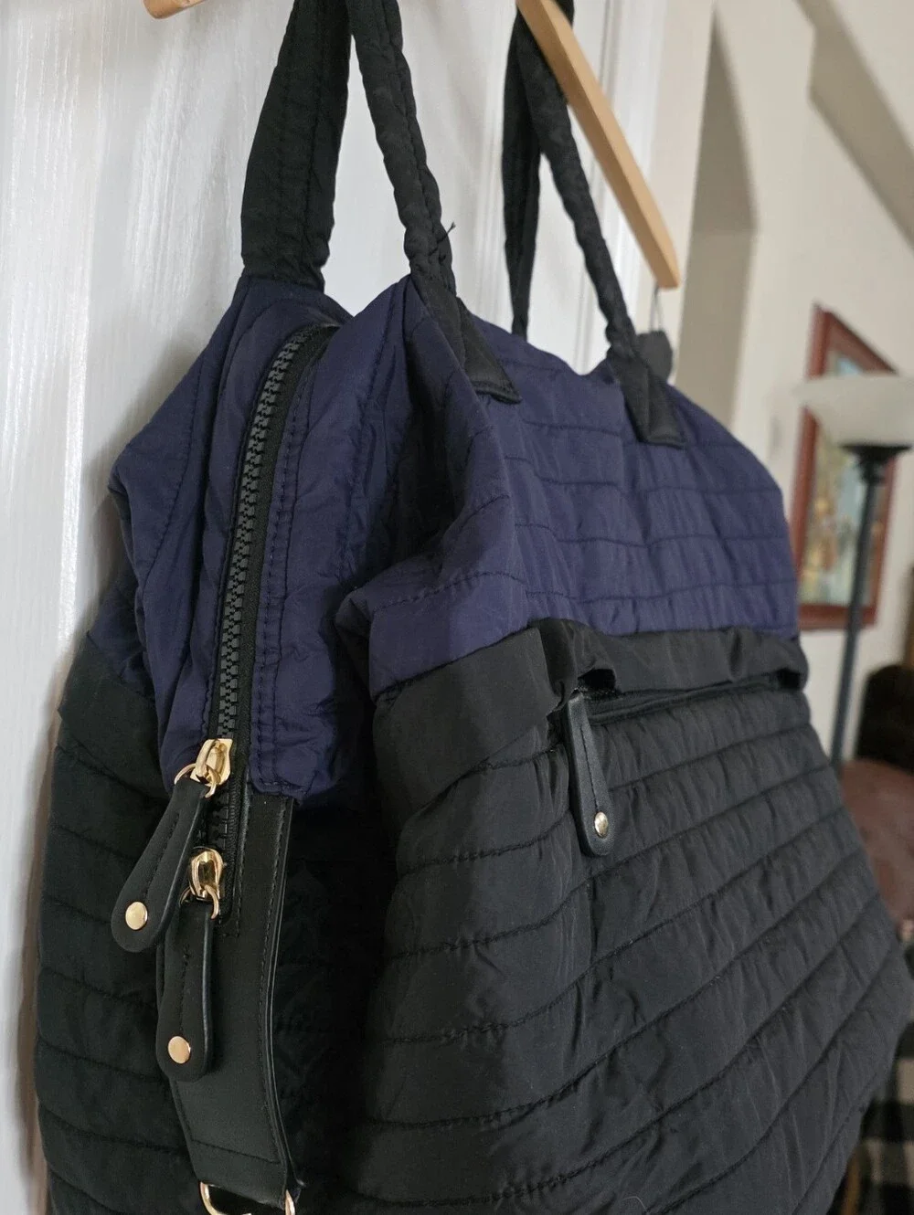 Sondra Roberts Squared Quilted Tote Bag, Navy and Black With Goldtone Hardware.